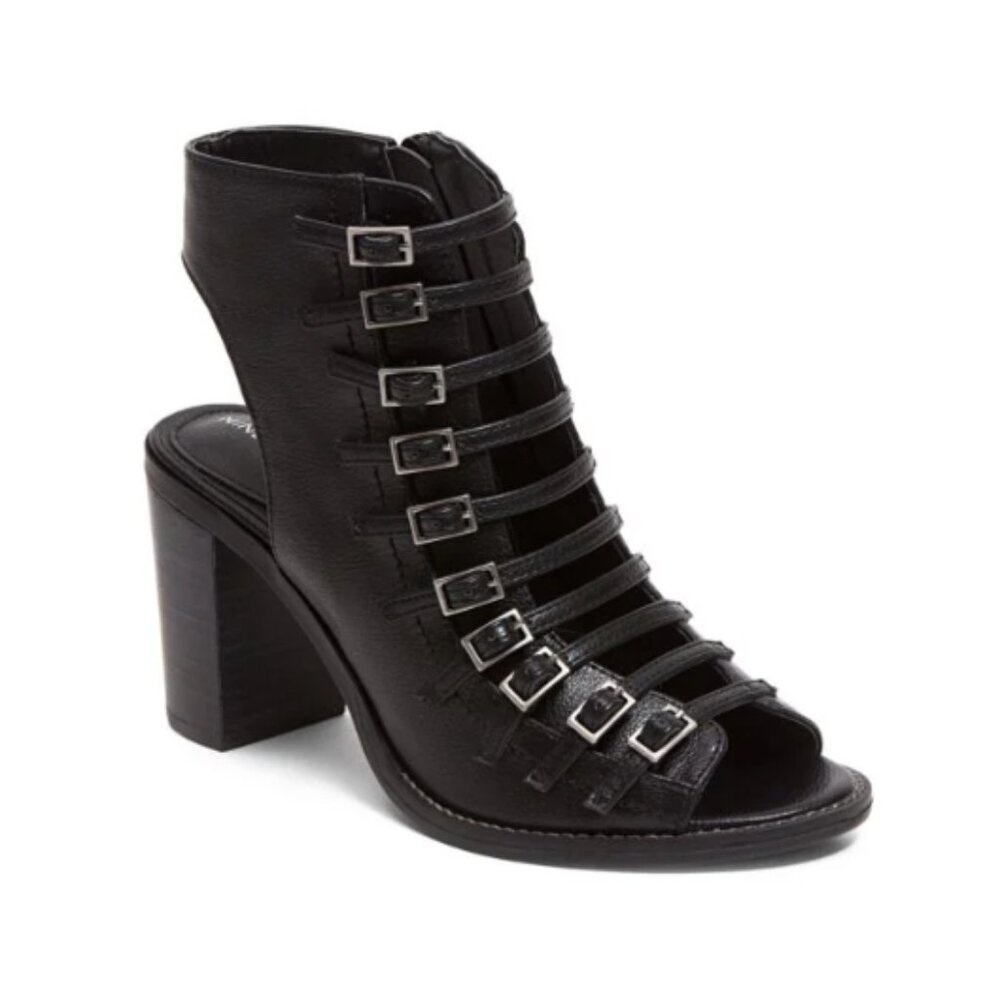 Black Strappy Buckle Block Heel Sandals